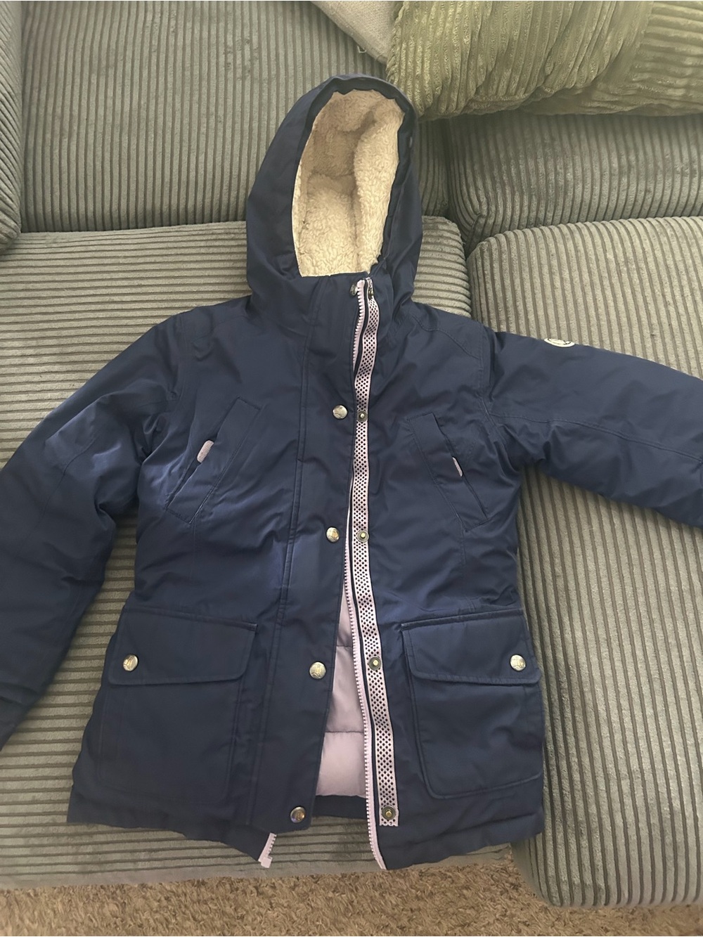 Lands' End Navy Hooded Puffer Jacket with Sherpa Lining